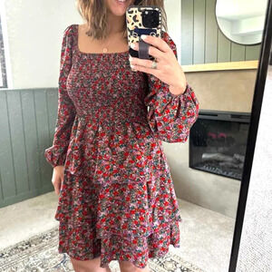 Women Square Neck Smocked Dresses 2024 Summer Fall Long Sleeve Floral Swiss Dot